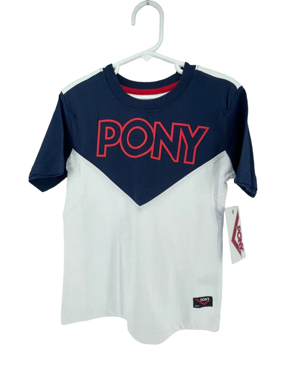 NWT PONY Boys Navy Blue White Color Block Graphic Short Sleeve T-Shirt Small/4